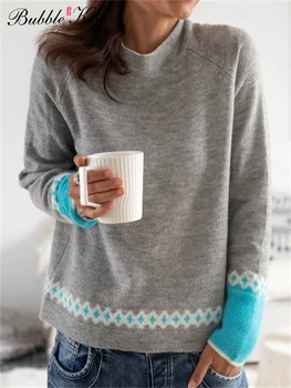 BubbleKiss Осень-Зима, Винтажный женский свитер, модный серый шерстяной свитер с круглым вырезом, топ с принтом в цветную полоску, одежда с длинным рукавом
