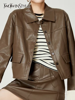 TWOTWINSTYLE, кожаные куртки с карманами, женские куртки с лацканами, однобортный винтажный жакет в стиле пэчворк с длинным рукавом, женская одежда в стиле пэчворк