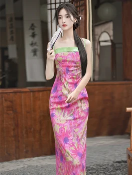 Женское облегающее платье в китайском стиле с высокой талией, сексуальное длинное платье с бретельками на бретельках, модное платье с цветочным принтом на улице Чэнду