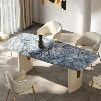 Итальянский обеденный стол в центре, столешница из синей текстурной каменной панели, Устойчивый круглый угол, Роскошные столовые гарнитуры, Каркасная мебель Comedor